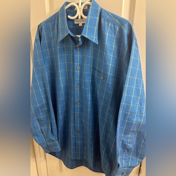 Christian Dior Men’s Blue & Yellow Plaid Button Up Dress Shirt - Size L/17 - Picture 3 of 7